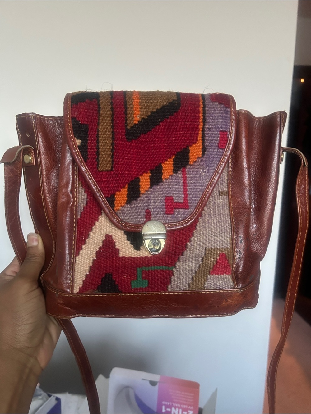 Handwoven Red Patterned Leather Crossbody Bag